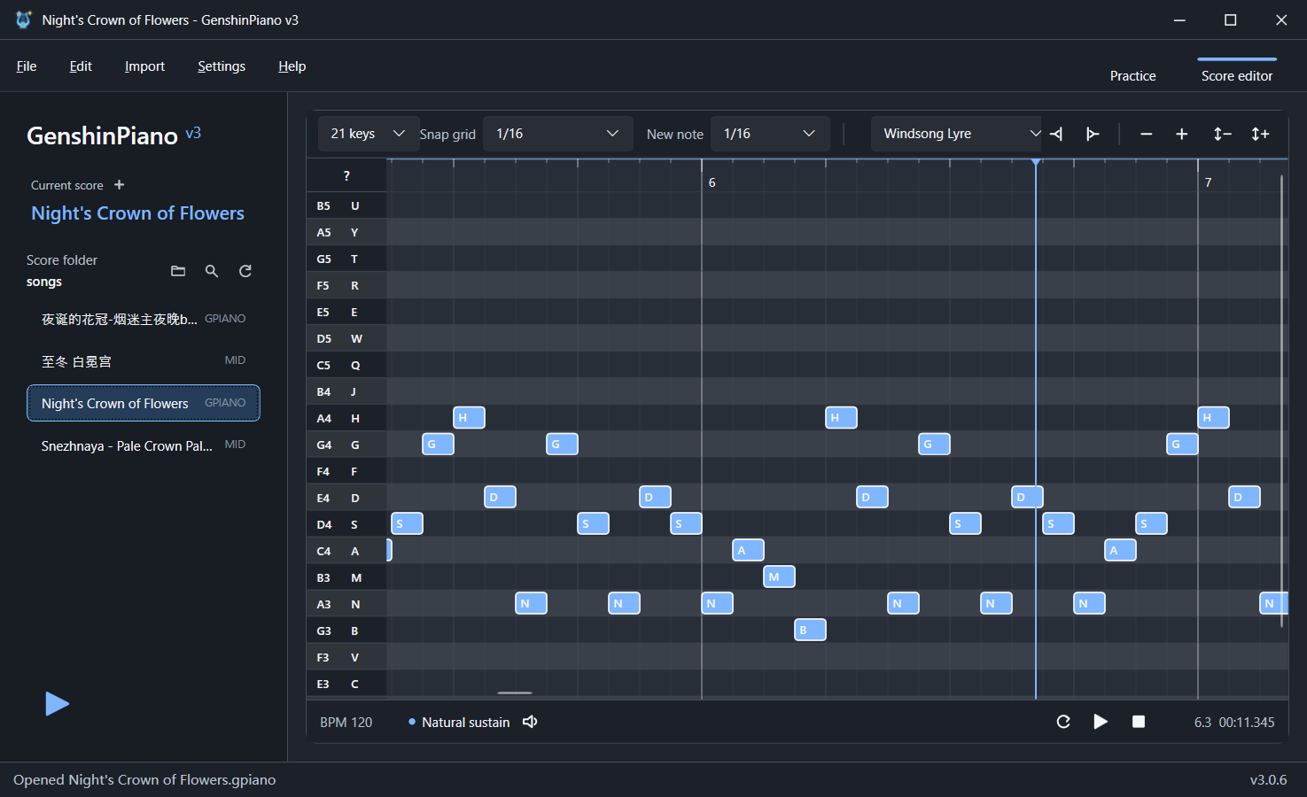 GenshinPiano dark theme in English