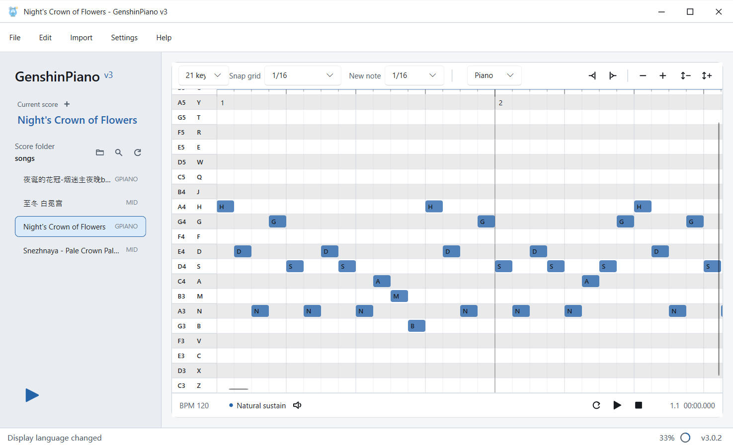 GenshinPiano v3 English interface showing the score library and 21-key piano-roll editor