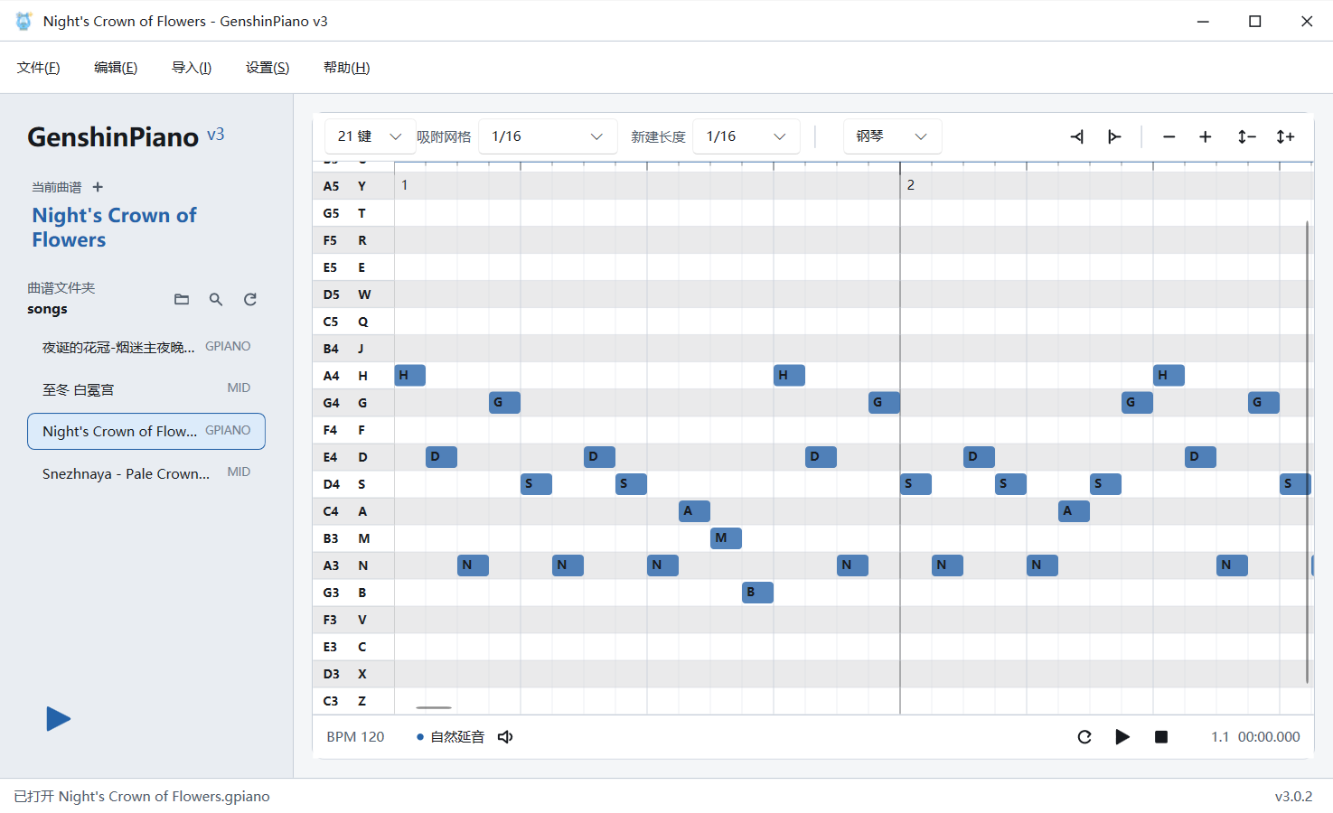 GenshinPiano v3 中文界面，展示曲谱库和 21 键卷帘编辑器